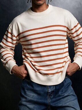 Burnt Orange Casual Men's Striped Knit Sweater